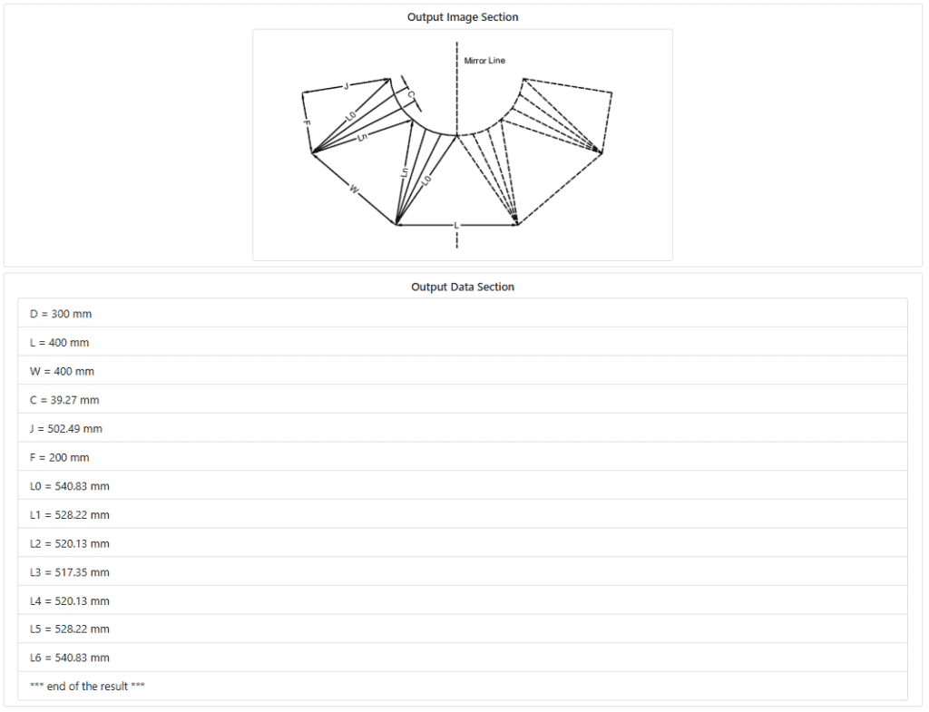 Square to round transition flat pattern showing developed sheet metal layout for fabrication.
